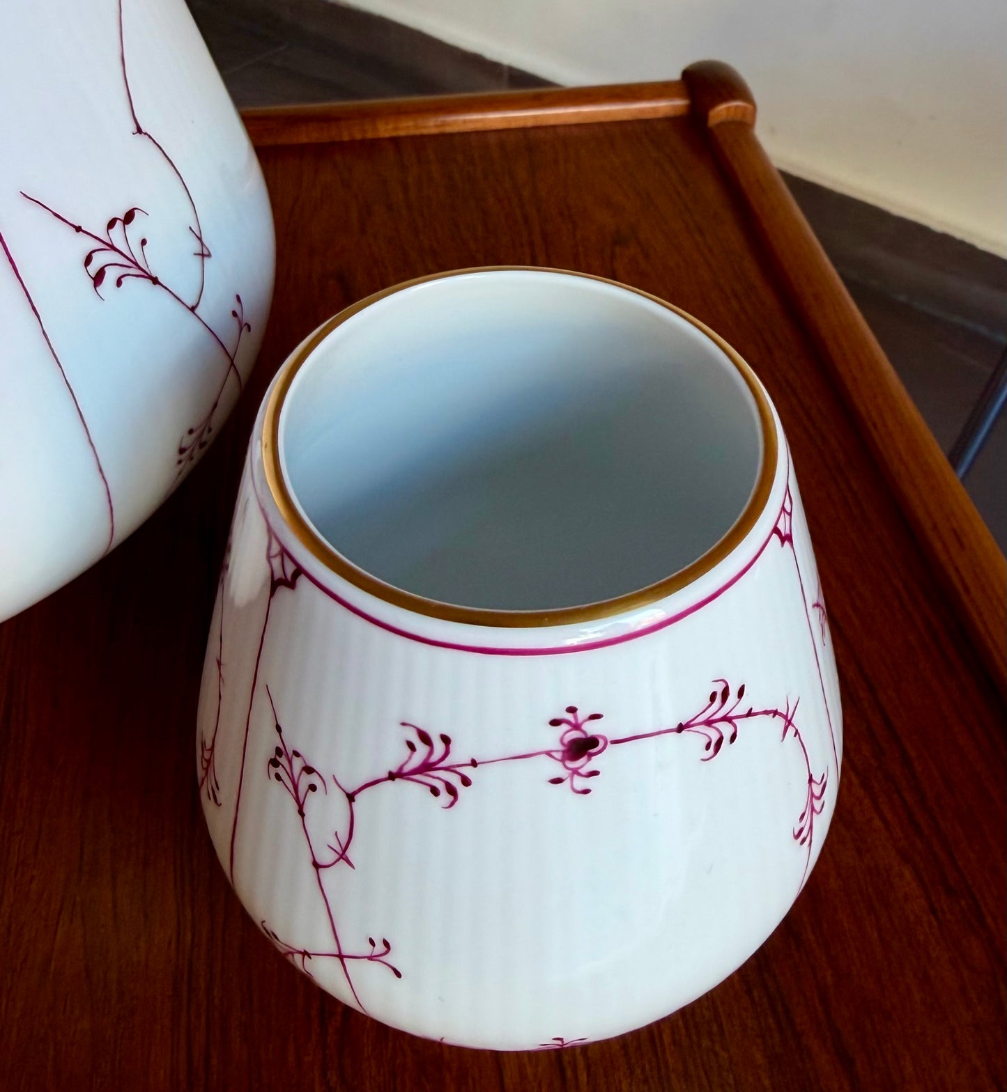 Two Royal Copenhagen ruby red fluted plain vases (#680 + #682)