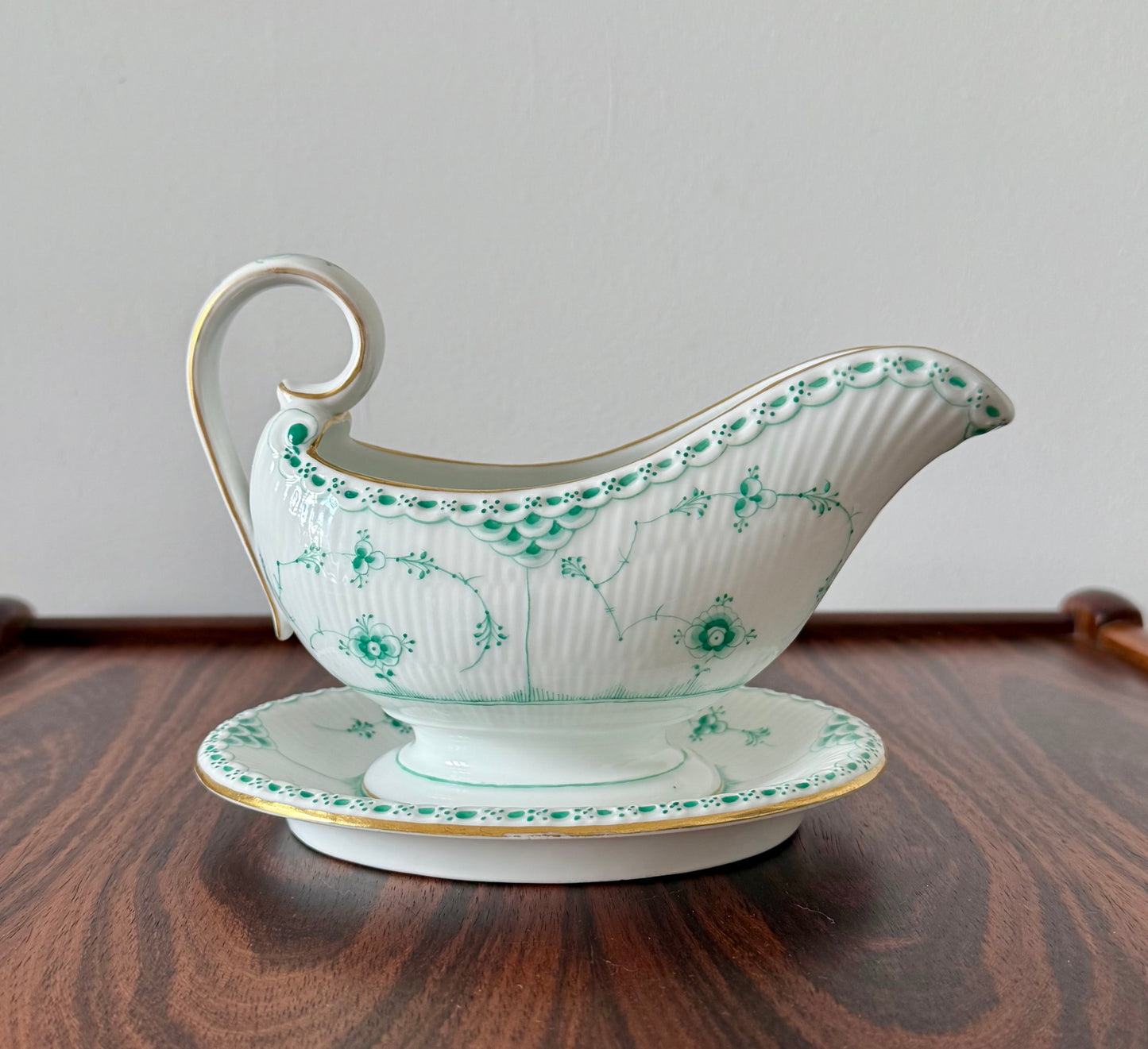 Royal Copenhagen sauce jug in Green Fluted Half Lace with gold.