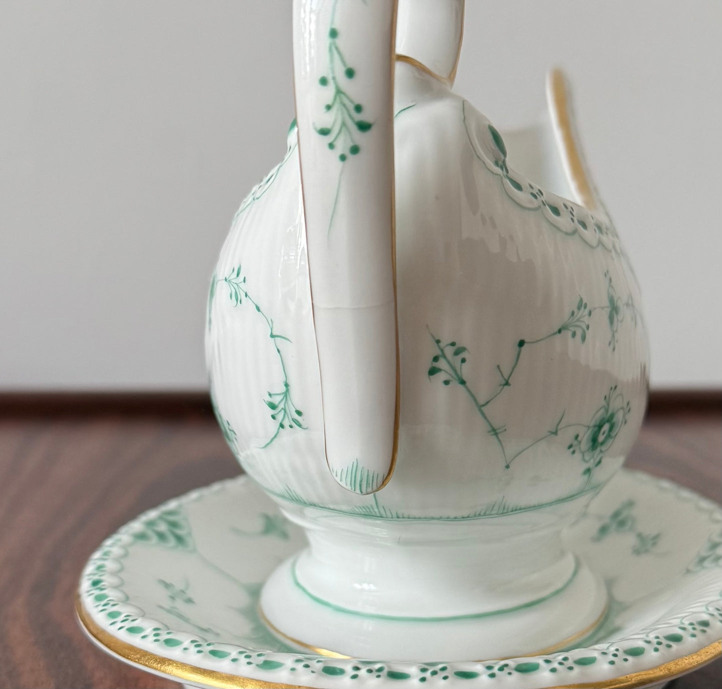 Royal Copenhagen sauce jug in Green Fluted Half Lace with gold.