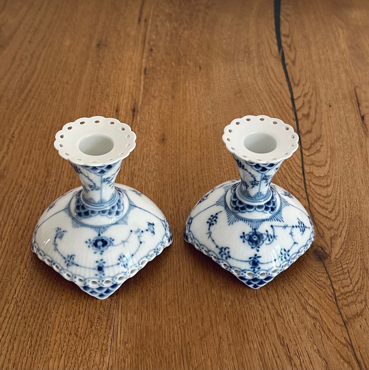 2 x Royal Copenhagen Blue Fluted Full Lace candlestick