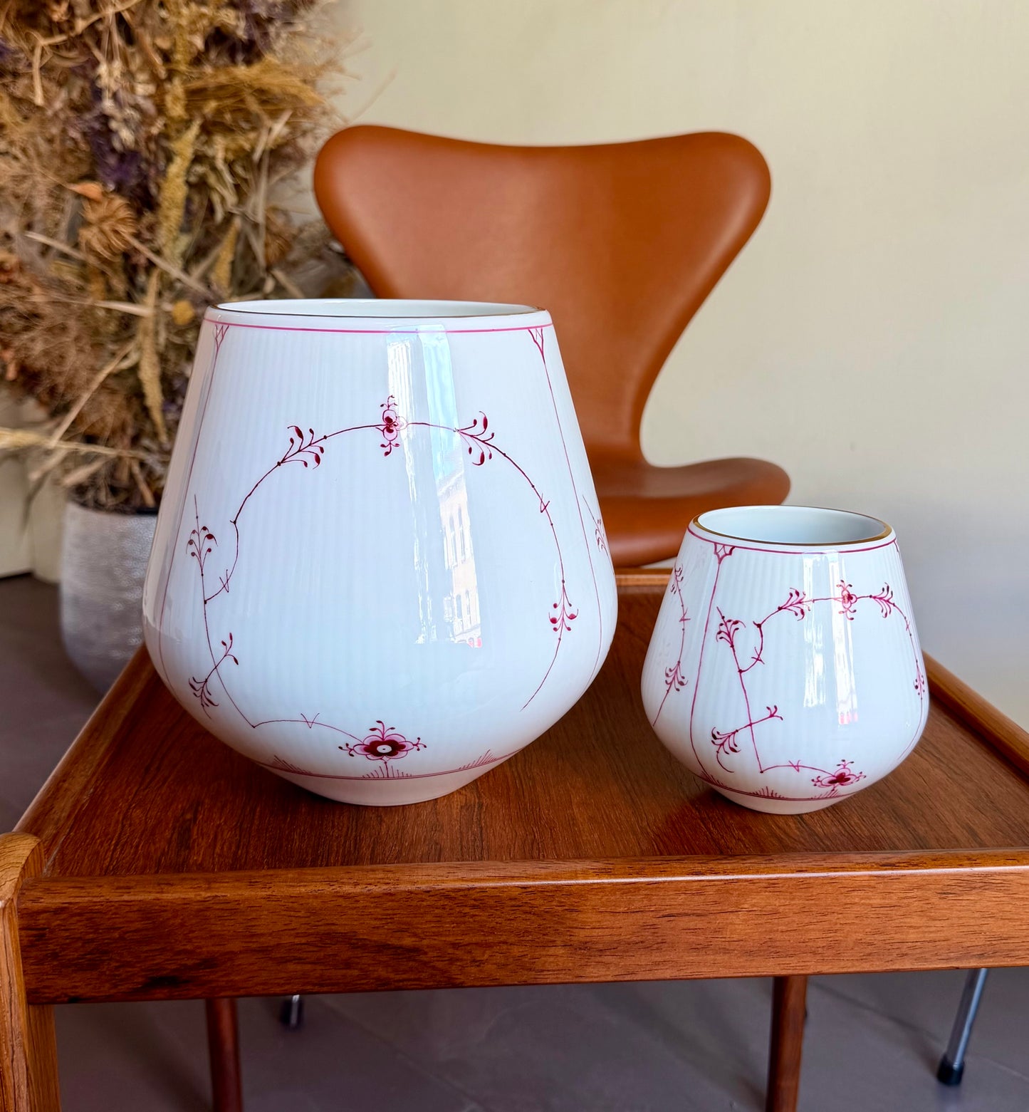 Two Royal Copenhagen ruby red fluted plain vases (#680 + #682)