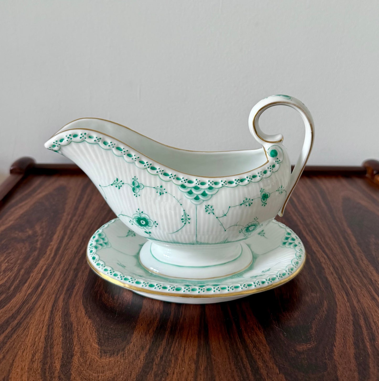 Royal Copenhagen sauce jug in Green Fluted Half Lace with gold.