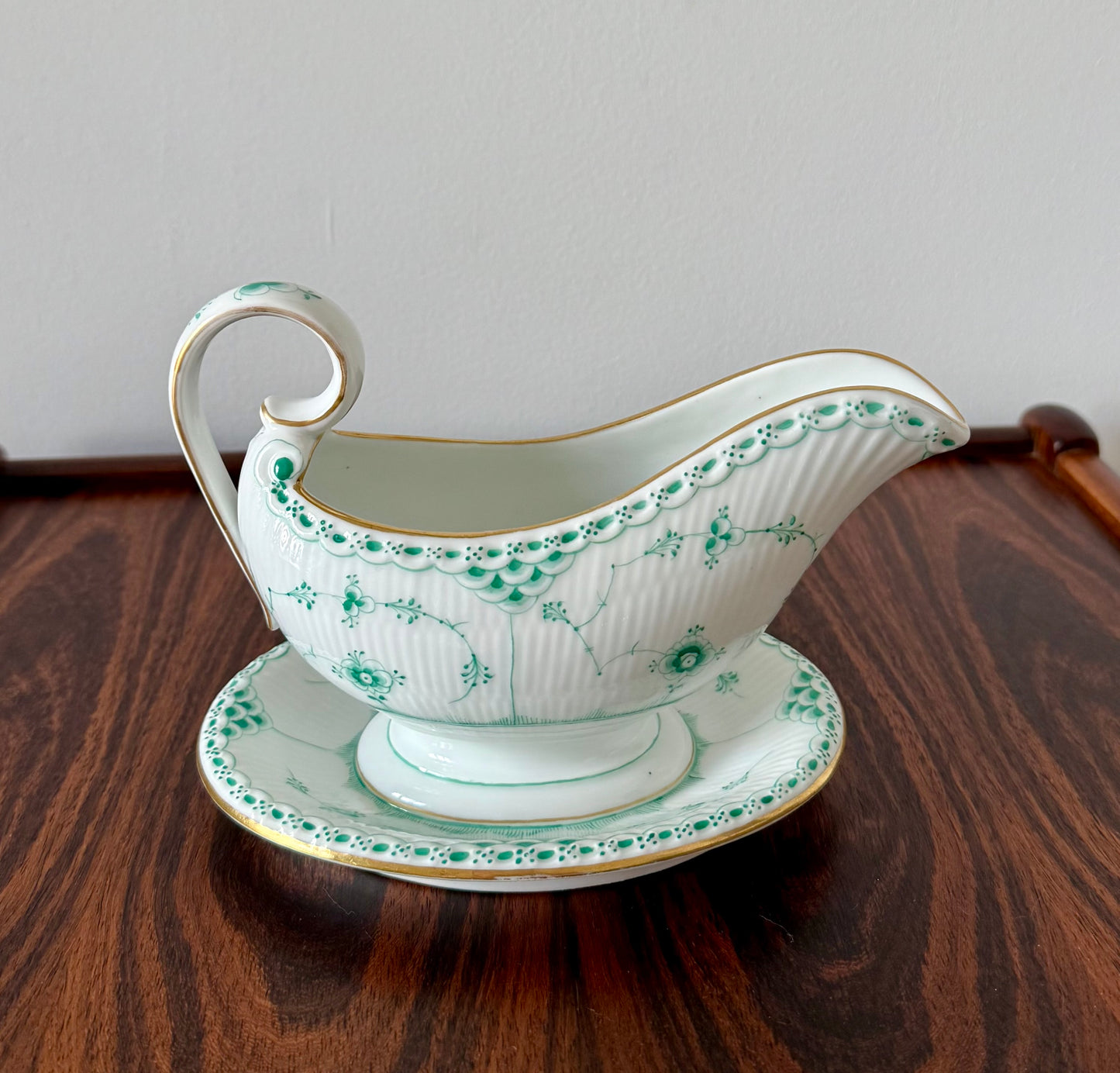 Royal Copenhagen sauce jug in Green Fluted Half Lace with gold.
