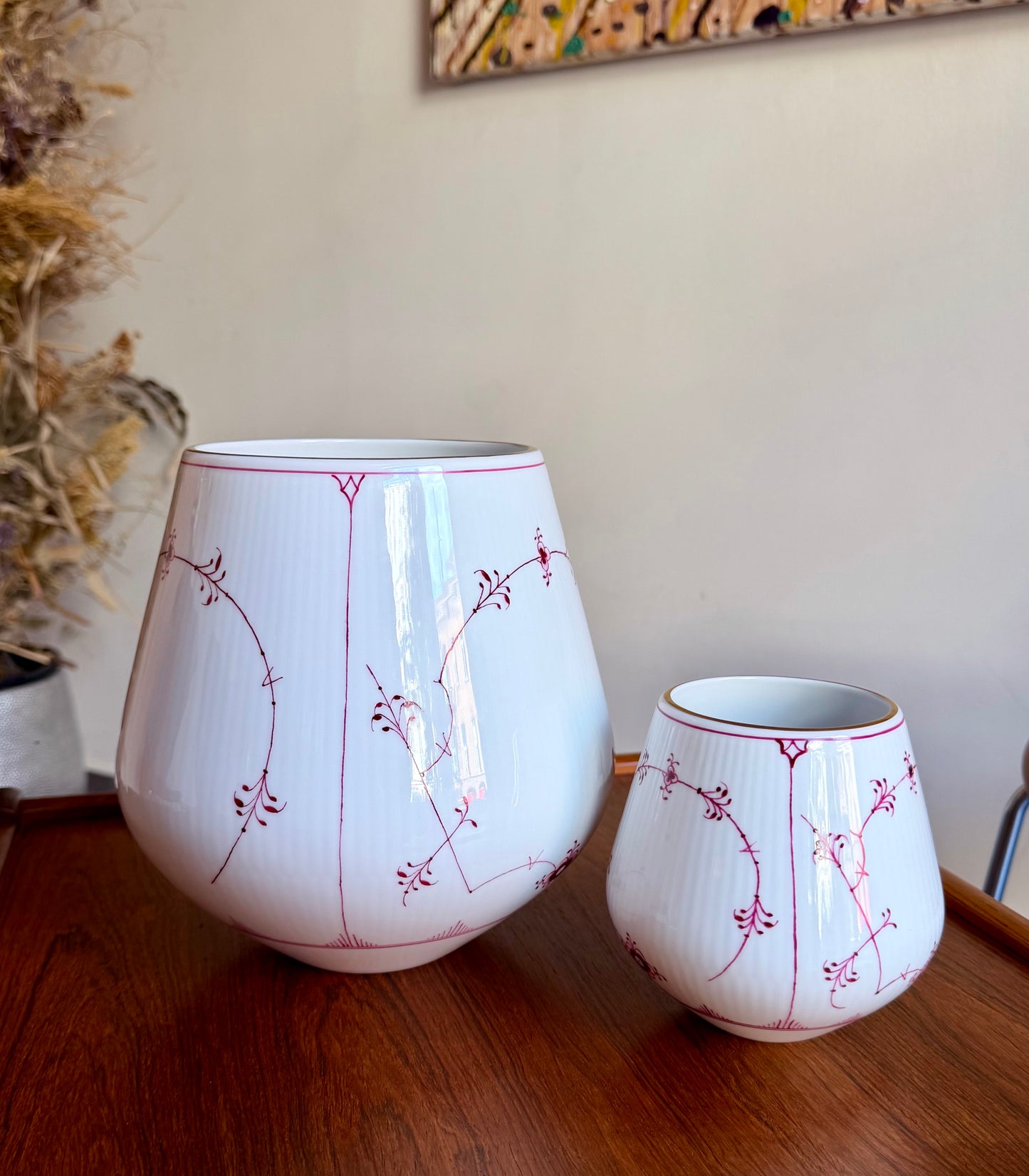 Two Royal Copenhagen ruby red fluted plain vases (#680 + #682)