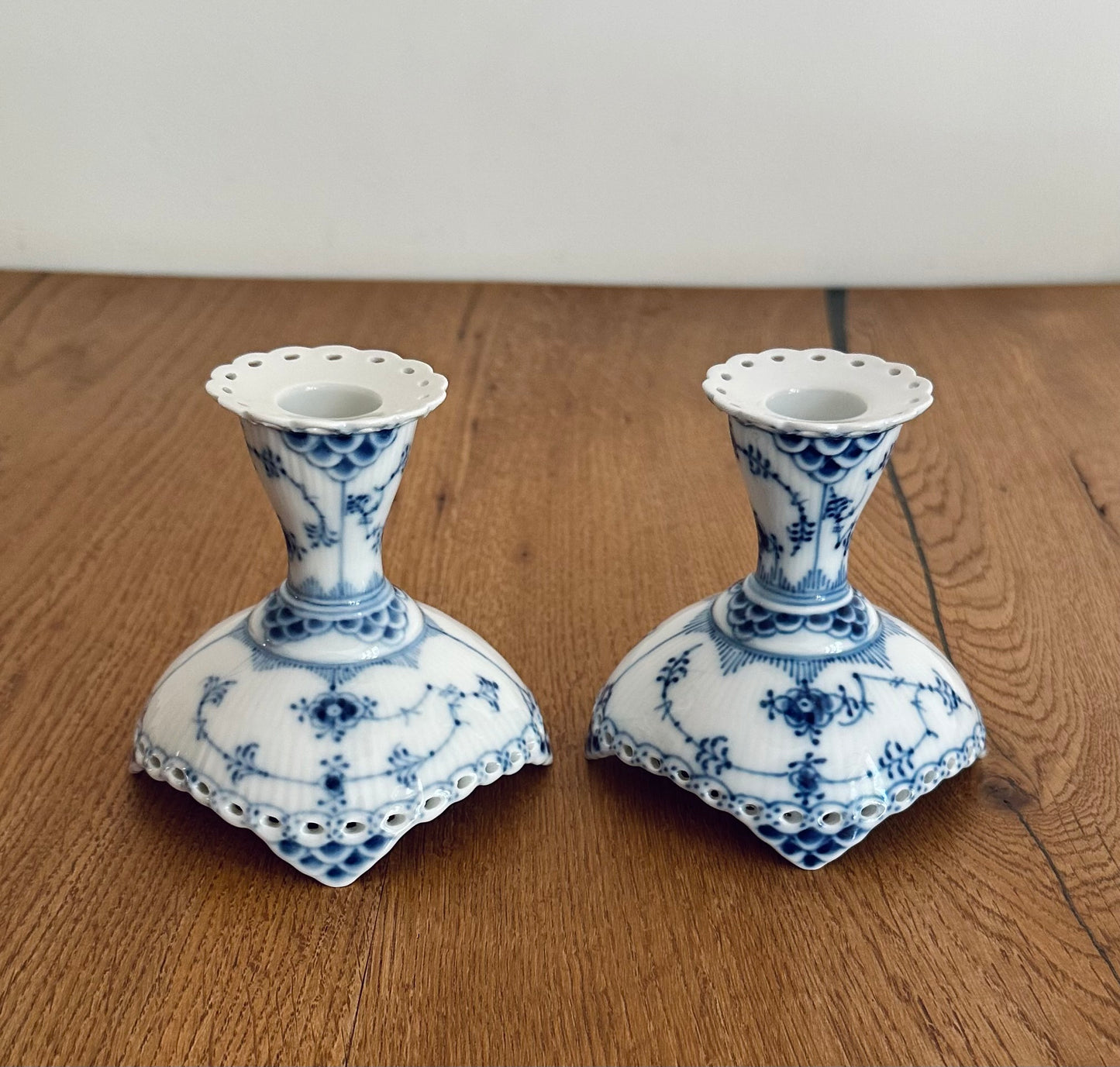 2 x Royal Copenhagen Blue Fluted Full Lace candlestick