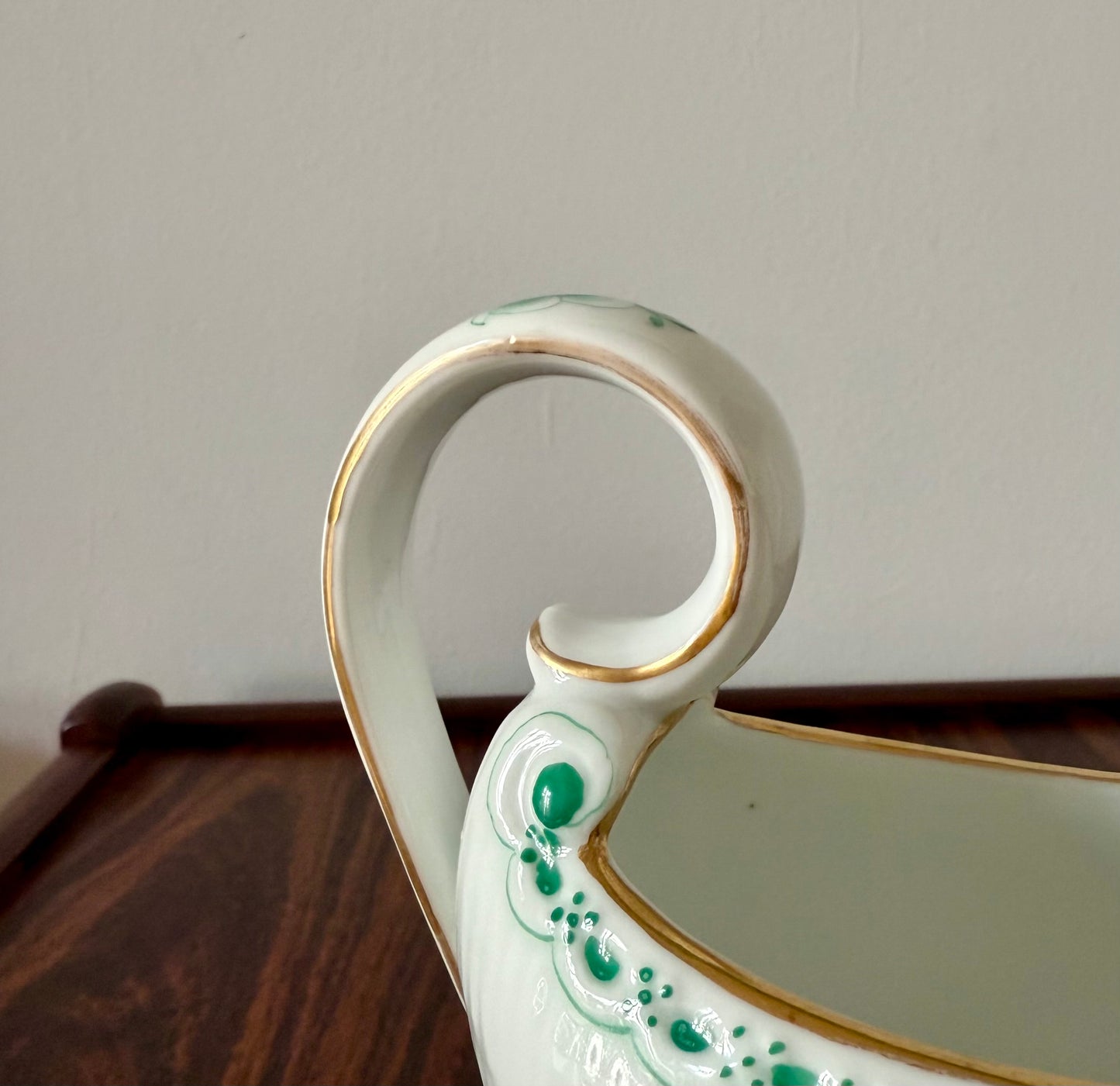 Royal Copenhagen sauce jug in Green Fluted Half Lace with gold.