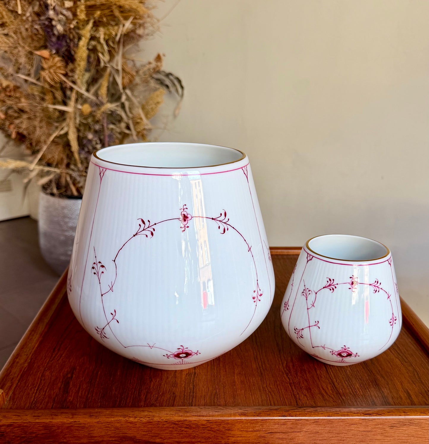 Two Royal Copenhagen ruby red fluted plain vases (#680 + #682)