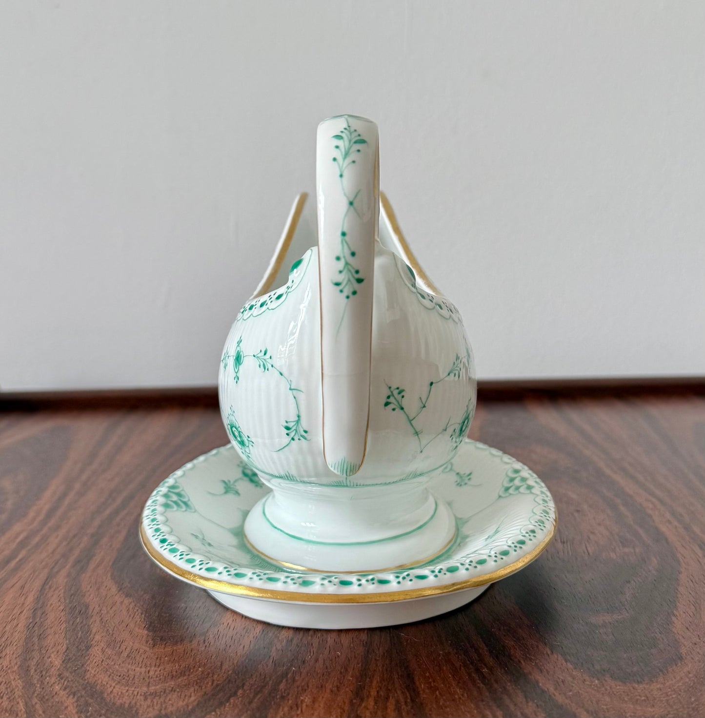 Royal Copenhagen sauce jug in Green Fluted Half Lace with gold.