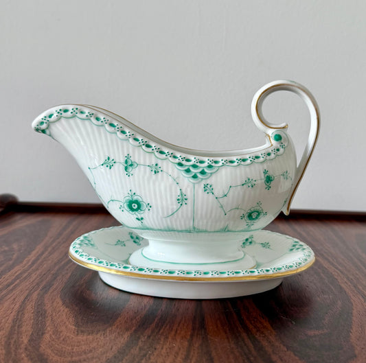 Royal Copenhagen sauce jug in Green Fluted Half Lace with gold.