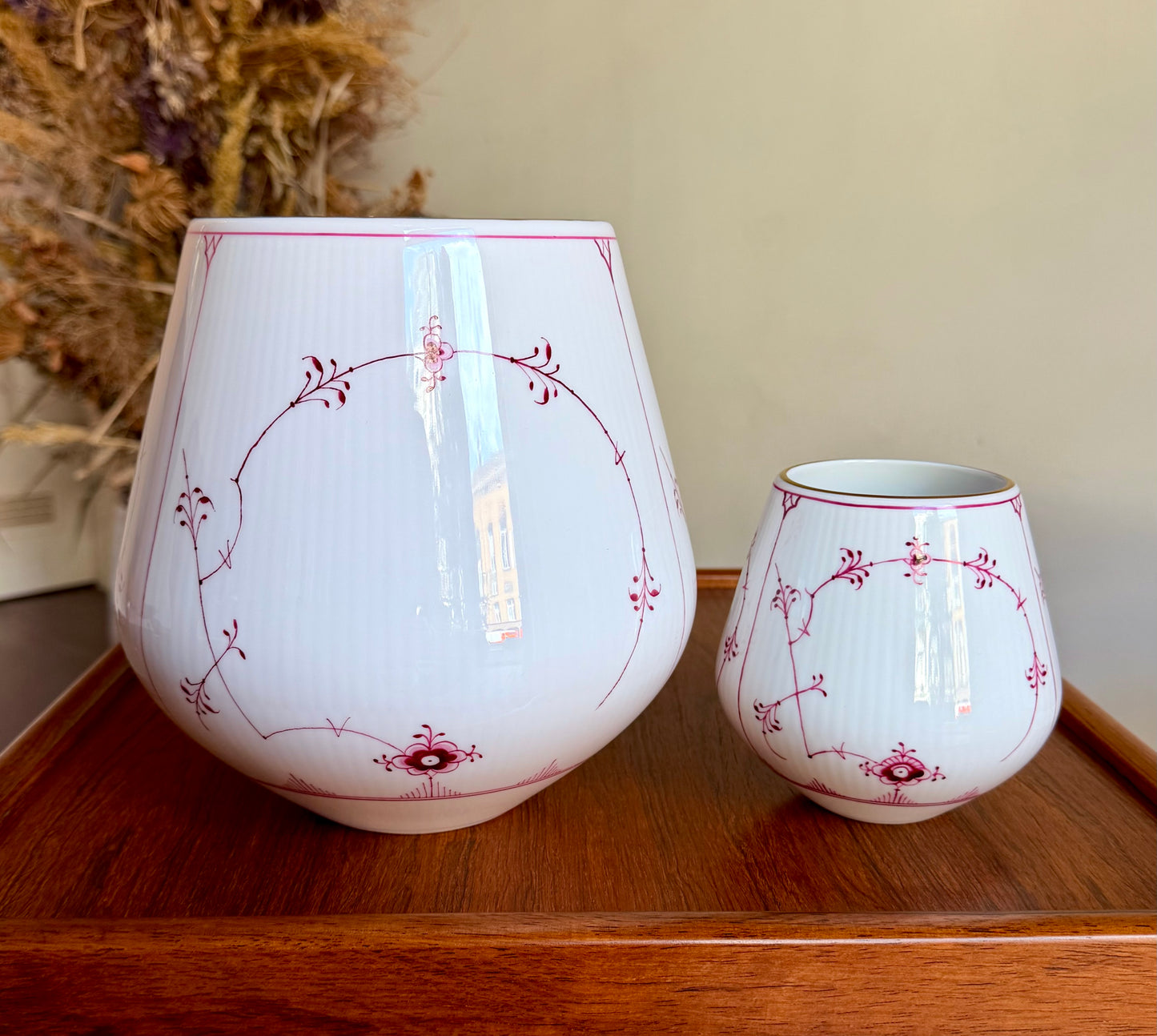Two Royal Copenhagen ruby red fluted plain vases (#680 + #682)