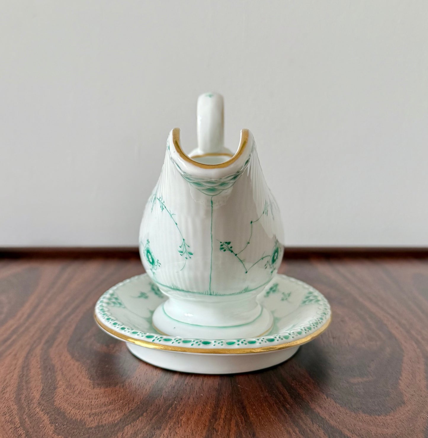 Royal Copenhagen sauce jug in Green Fluted Half Lace with gold.