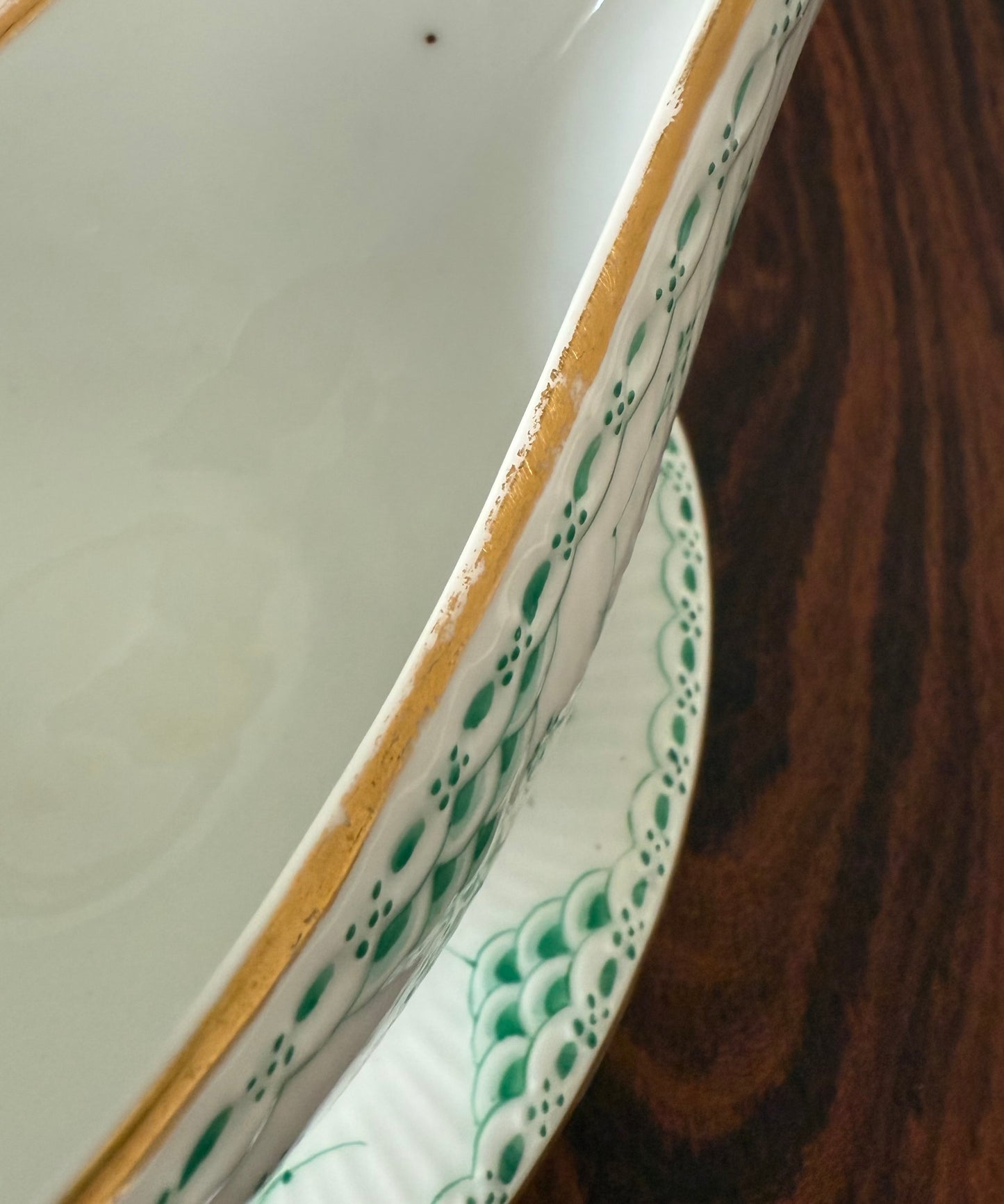 Royal Copenhagen sauce jug in Green Fluted Half Lace with gold.