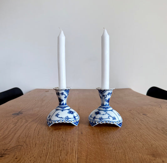 A set of two Royal Copenhagen Blue Fluted Full Lace candle sticks (#1038)