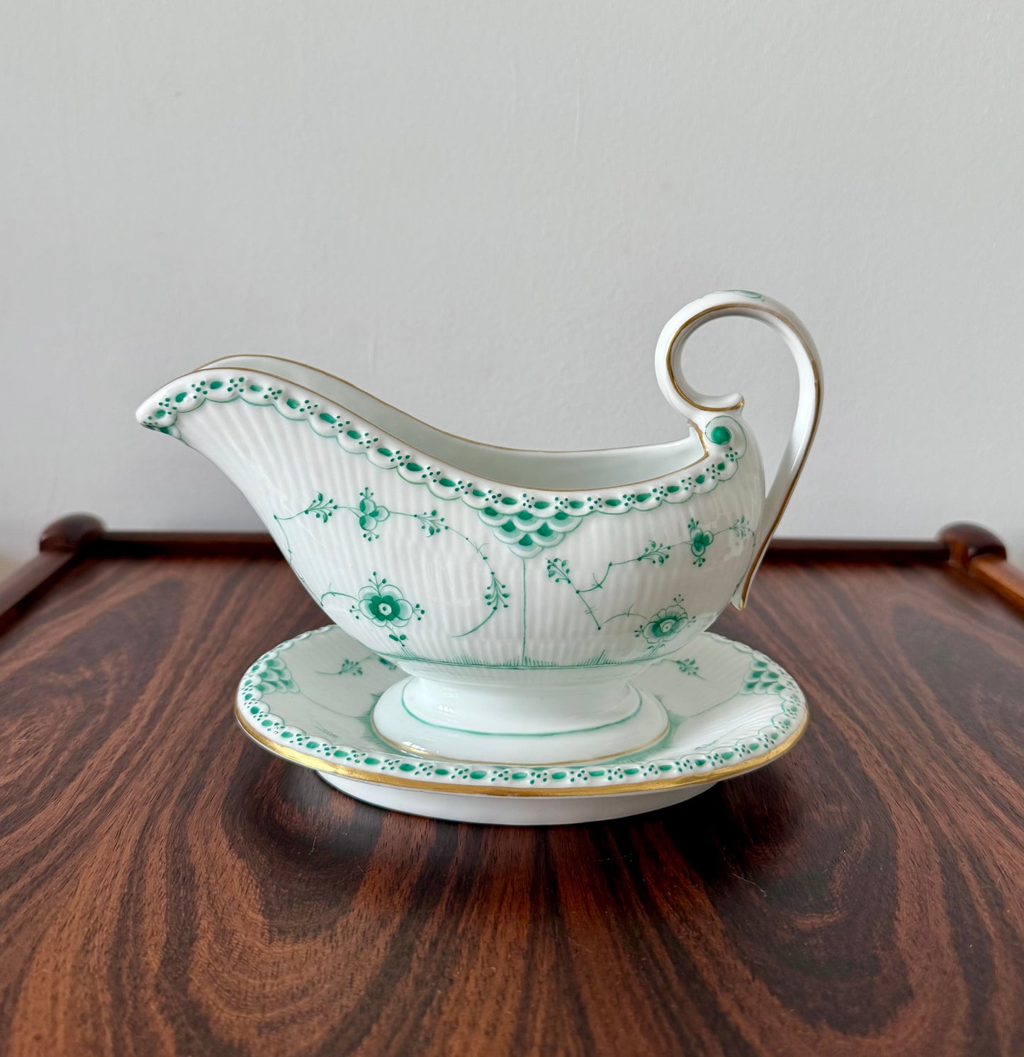 Royal Copenhagen sauce jug in Green Fluted Half Lace with gold.