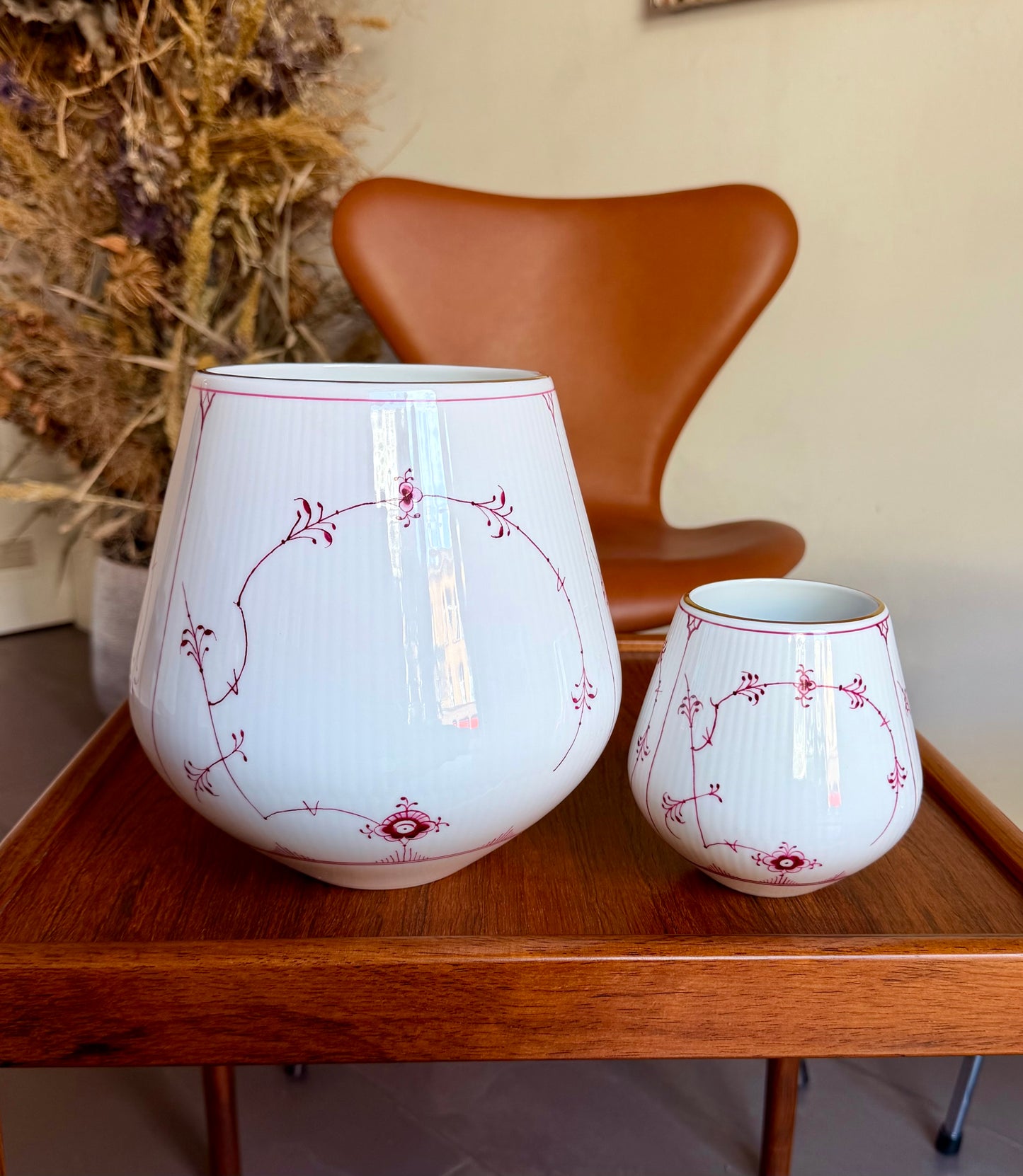Two Royal Copenhagen ruby red fluted plain vases (#680 + #682)