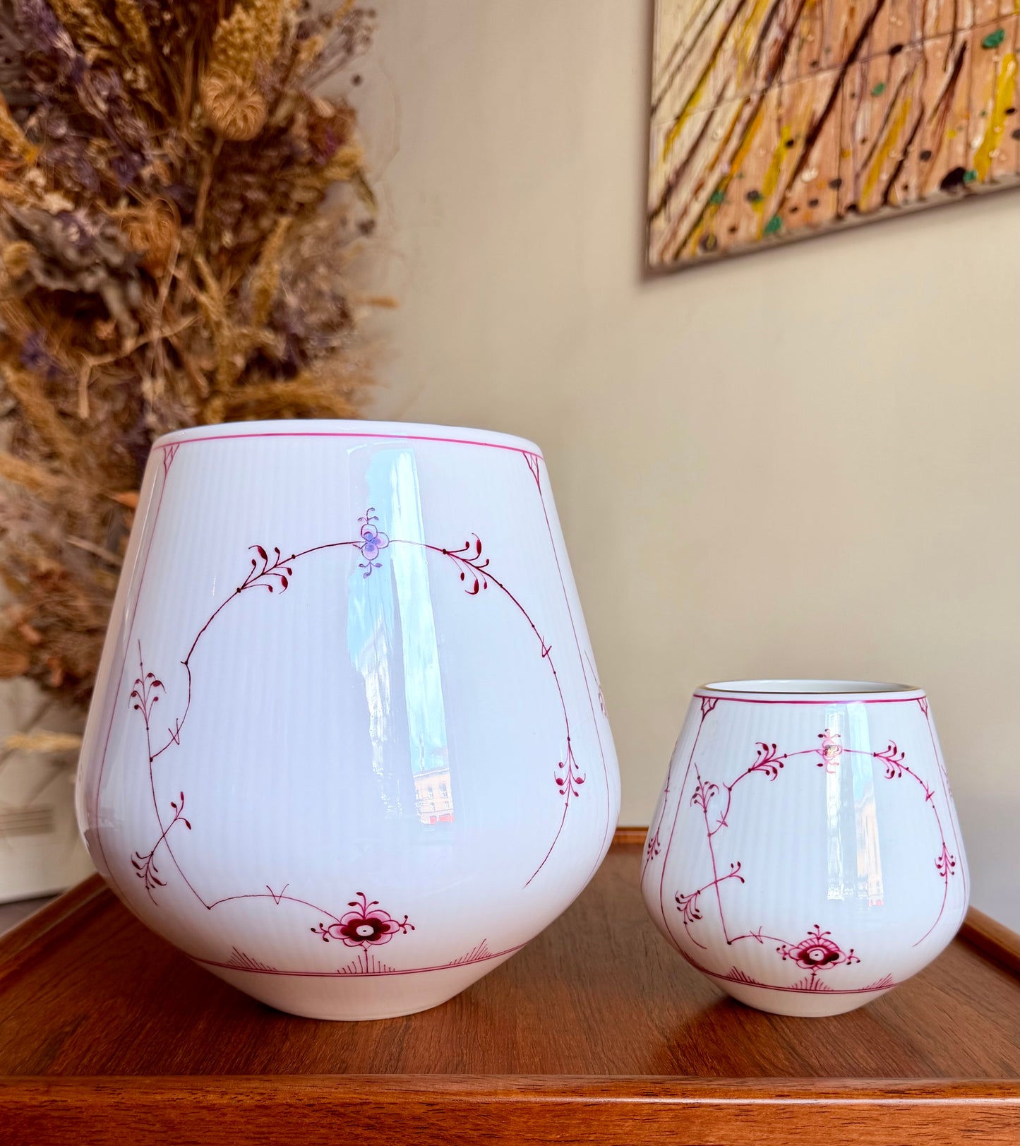 Two Royal Copenhagen ruby red fluted plain vases (#680 + #682)