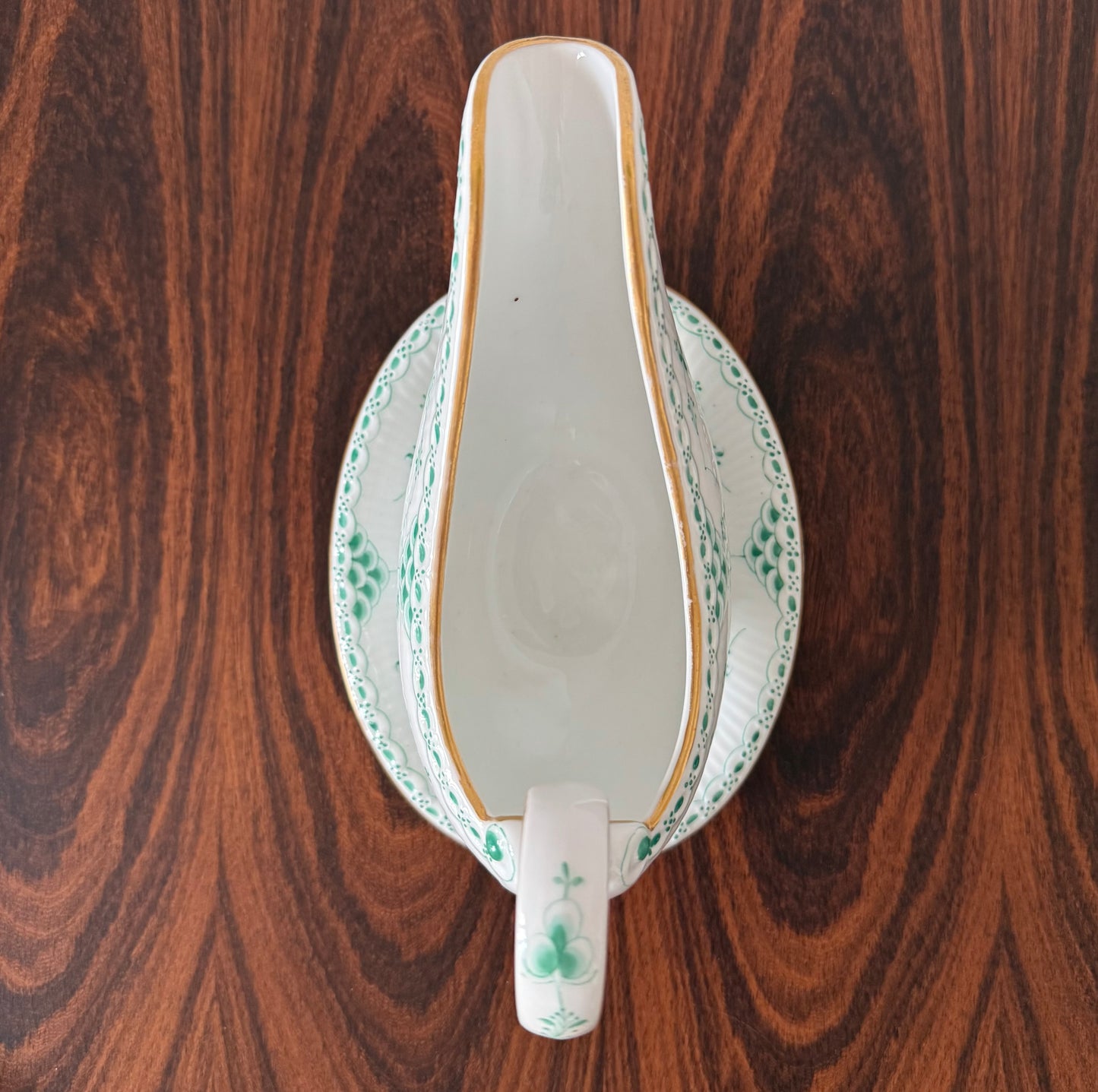 Royal Copenhagen sauce jug in Green Fluted Half Lace with gold.