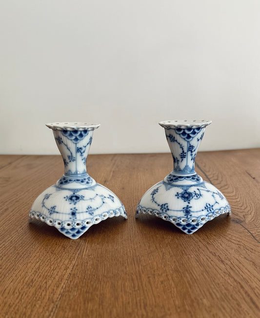 2 x Royal Copenhagen Blue Fluted Full Lace candlestick