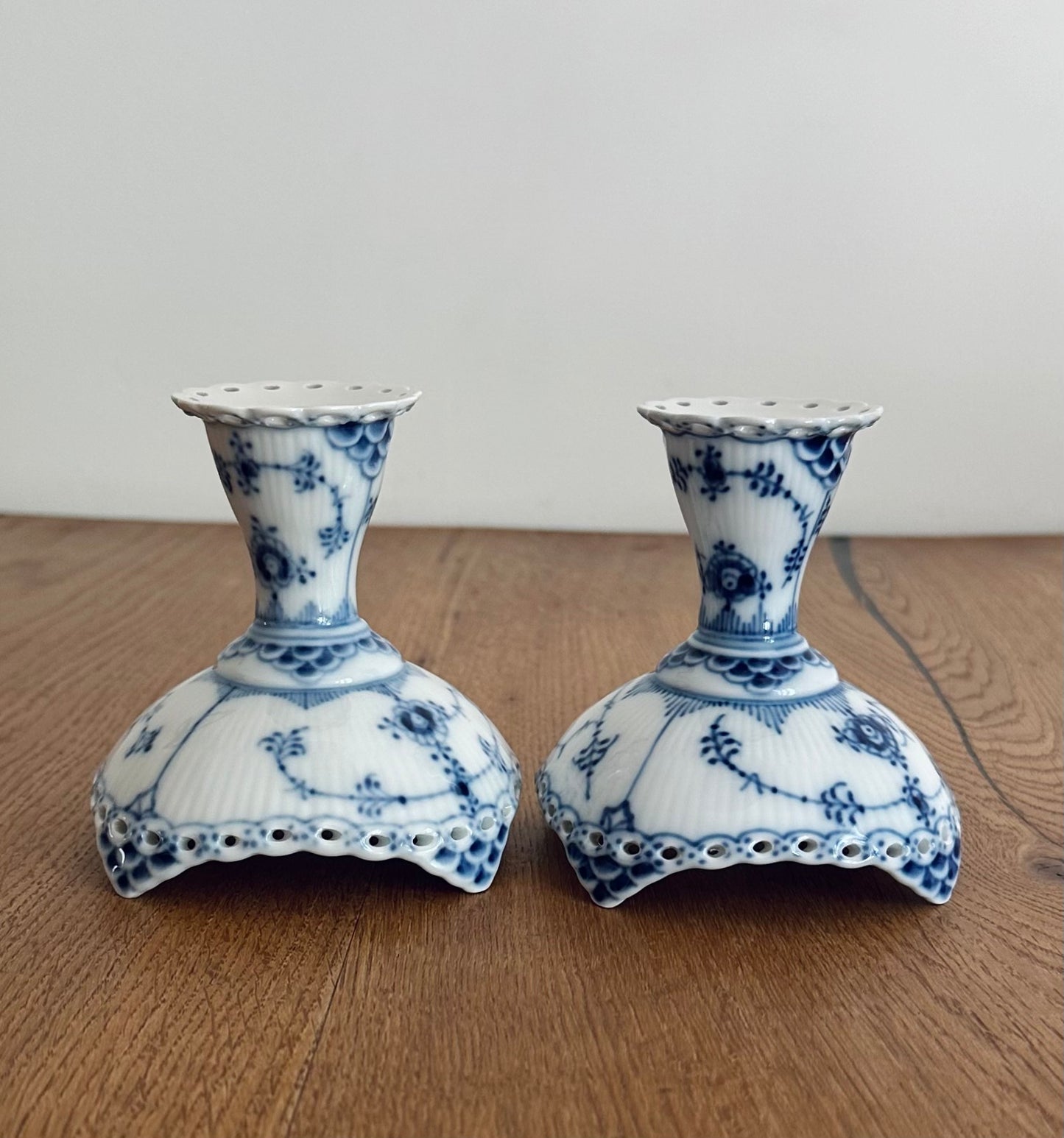 2 x Royal Copenhagen Blue Fluted Full Lace candlestick