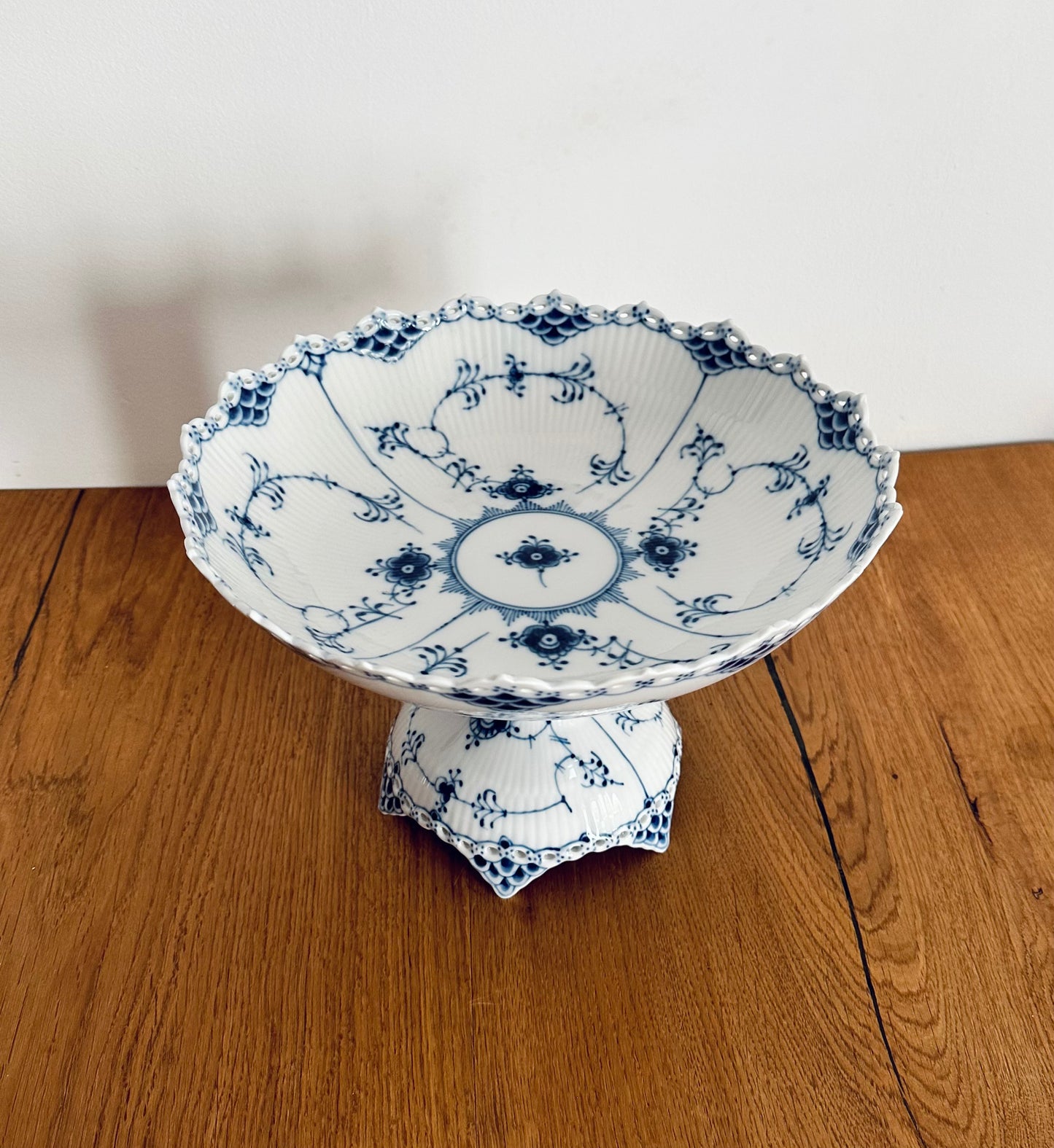 Royal Copenhagen blue fluted full lace bowl on high foot