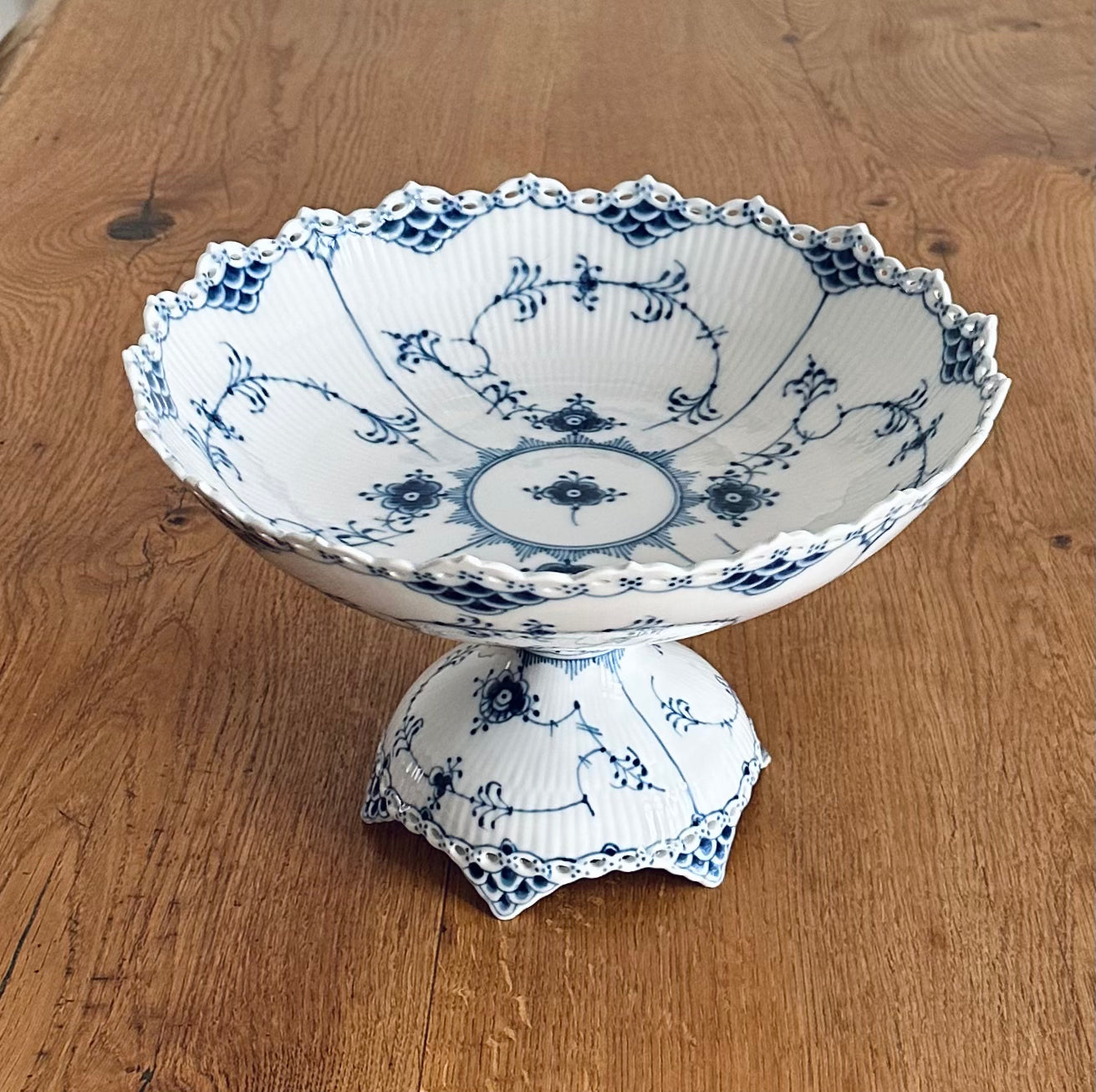 Royal Copenhagen blue fluted full lace bowl on high foot