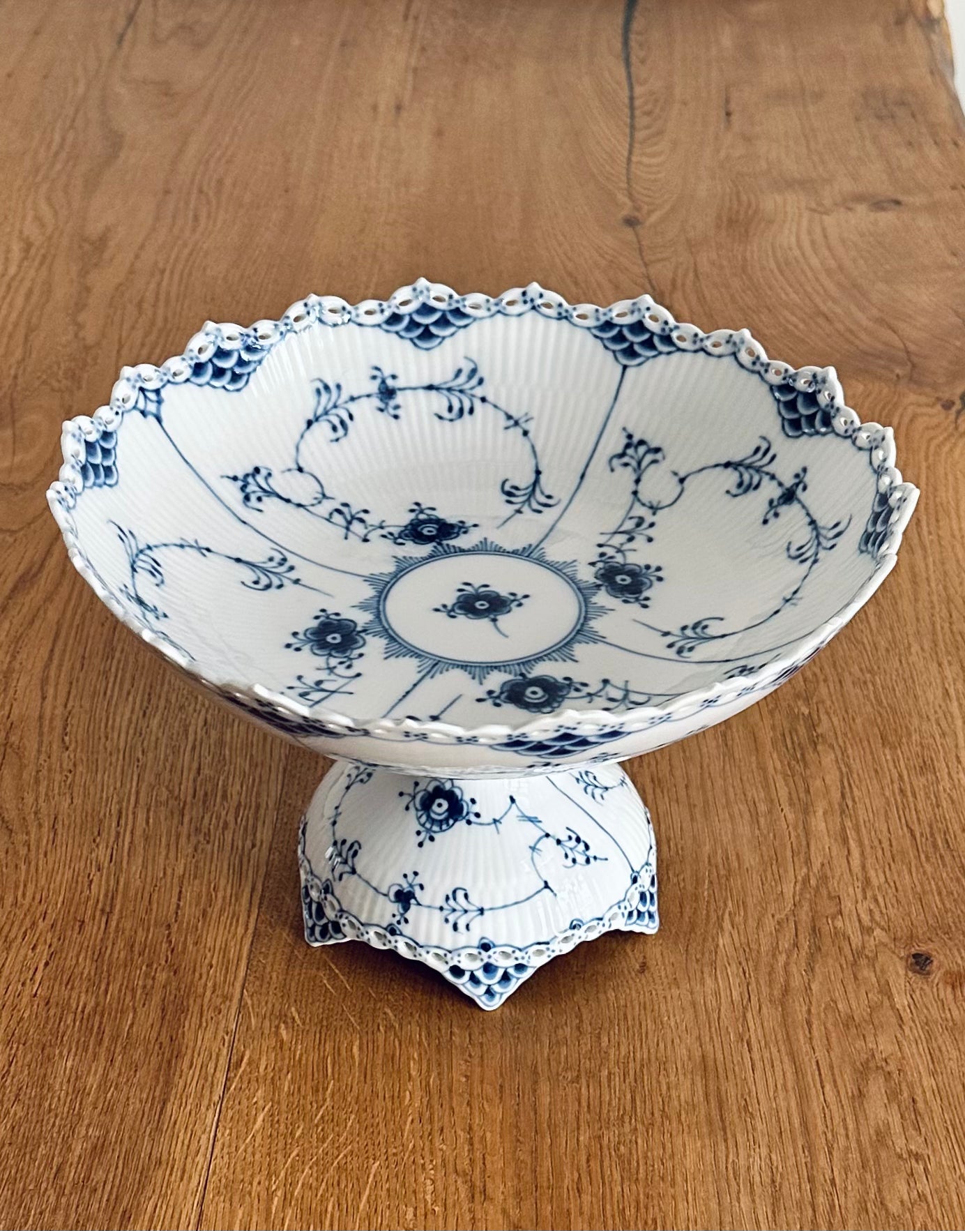 Royal Copenhagen blue fluted full lace bowl on high foot