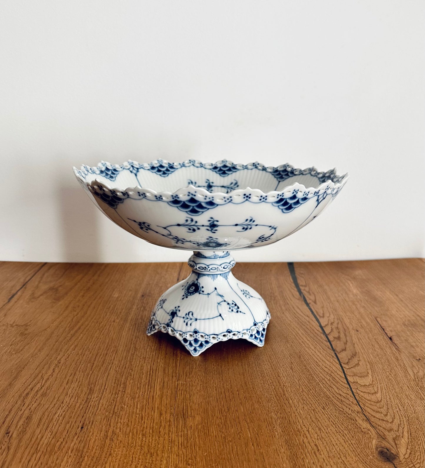 Royal Copenhagen blue fluted full lace bowl on high foot