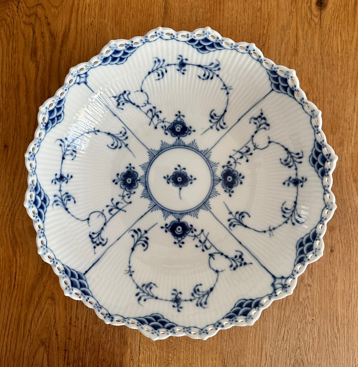 Royal Copenhagen blue fluted full lace bowl on high foot