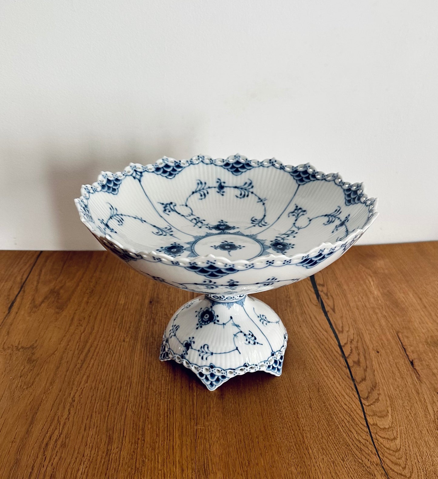 Royal Copenhagen blue fluted full lace bowl on high foot