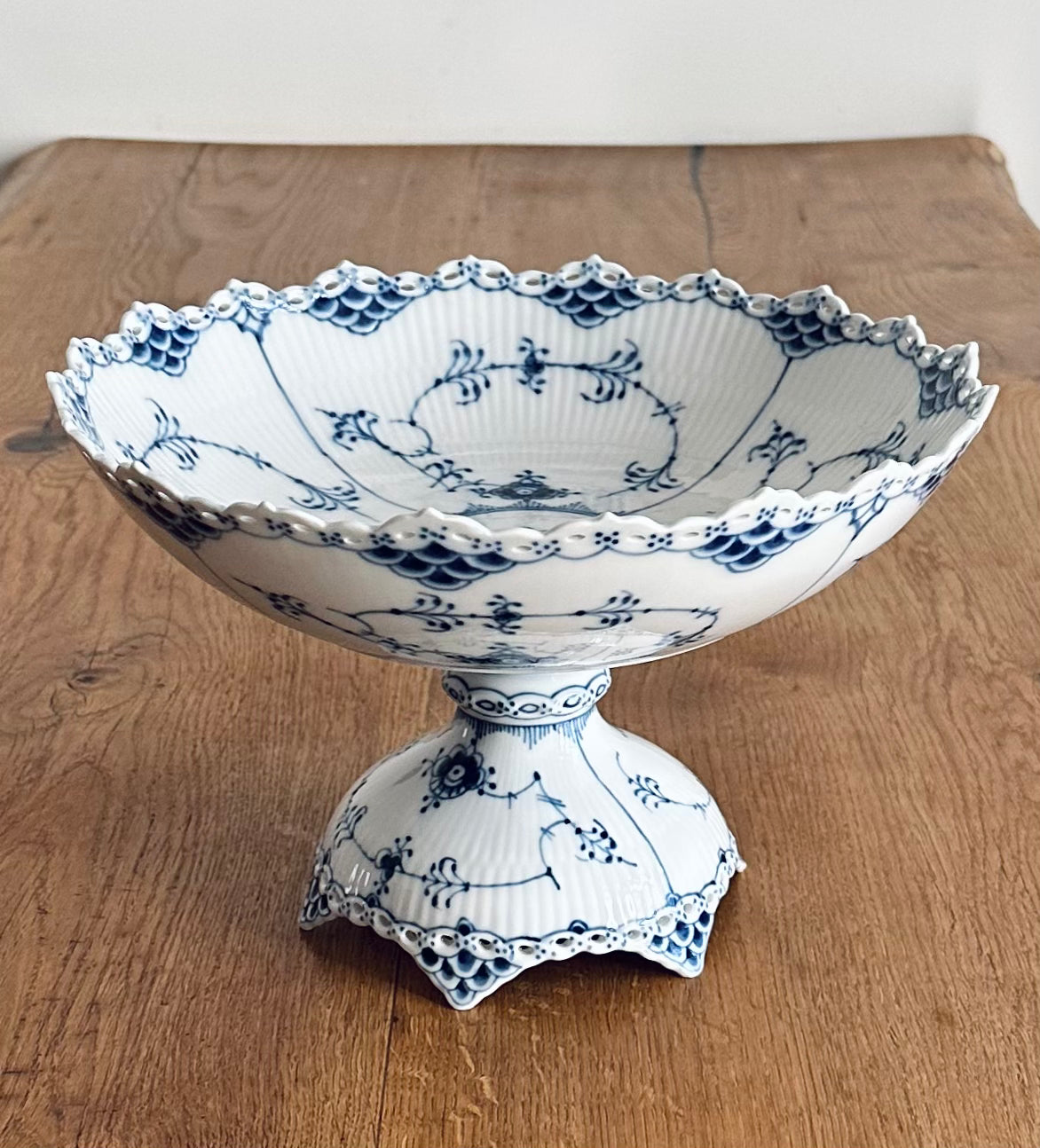 Royal Copenhagen blue fluted full lace bowl on high foot